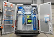 Iveco Daily mit Handwaschbecken und Leiterhalter, Heckansicht