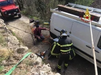 Kastenwagen mit unversehrtem Dachträger nach der Bergung am Abhang